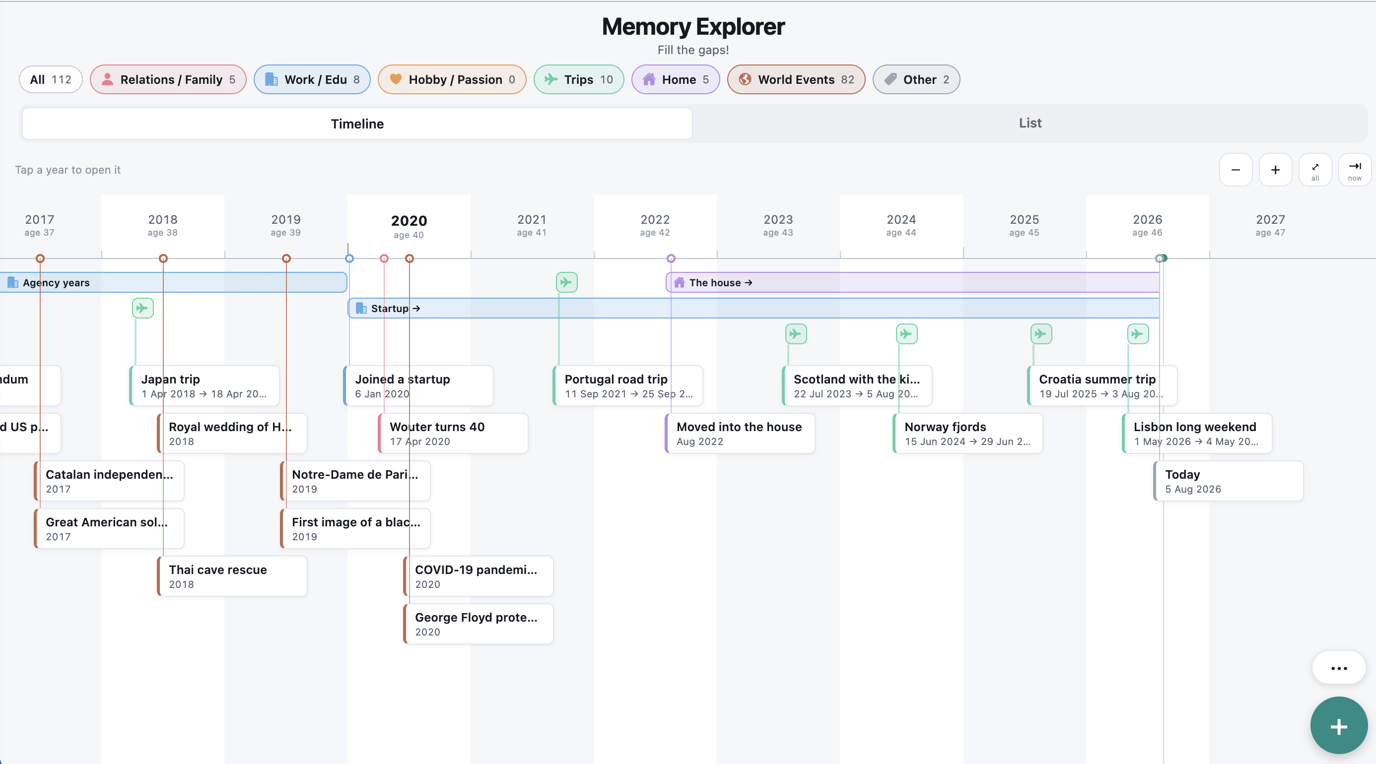 Memory Explorer desktop timeline showing years, trips, moves and world events