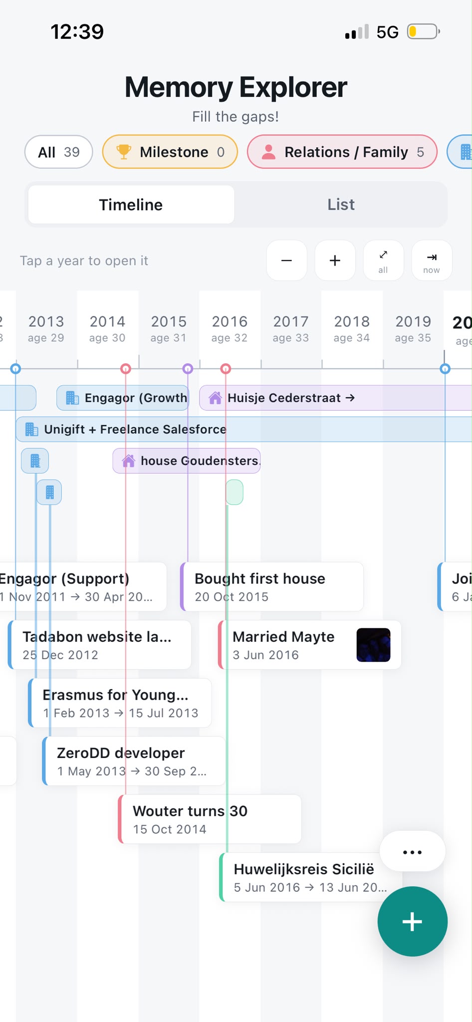 Mobile timeline with categories and years of entries